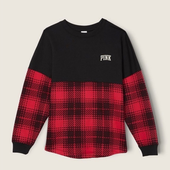 PINK VS Varsity Crewneck Sweatshirt Pure Black Plaid NWT - Picture 6 of 7